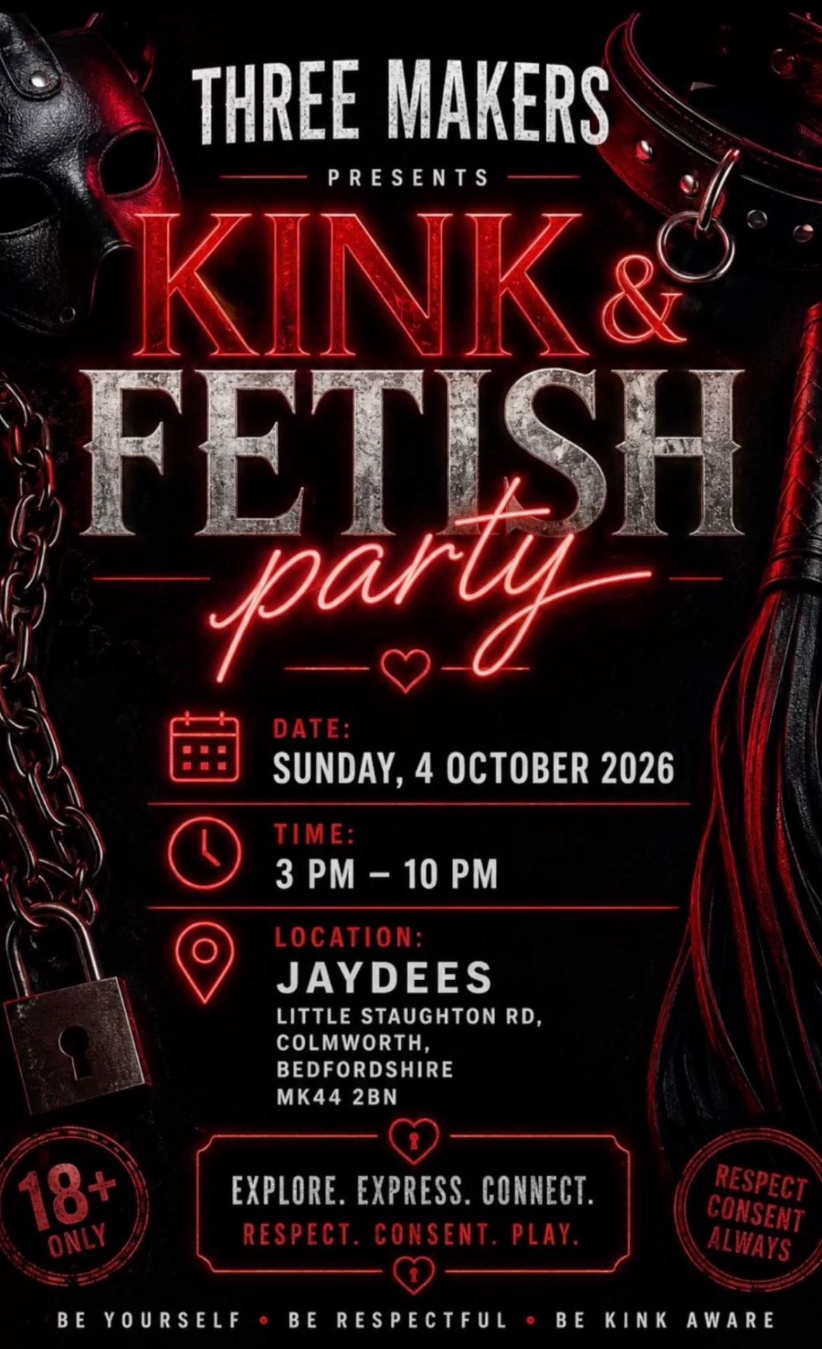 Three Makers Kink & Fetish Party poster — Sunday 4th October 2026, 3pm to 10pm at Jaydees